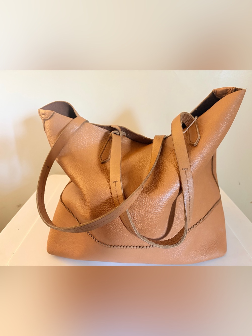 J Crew Classic Tan Pebbled Leather Tote with Detachable Card Pouch